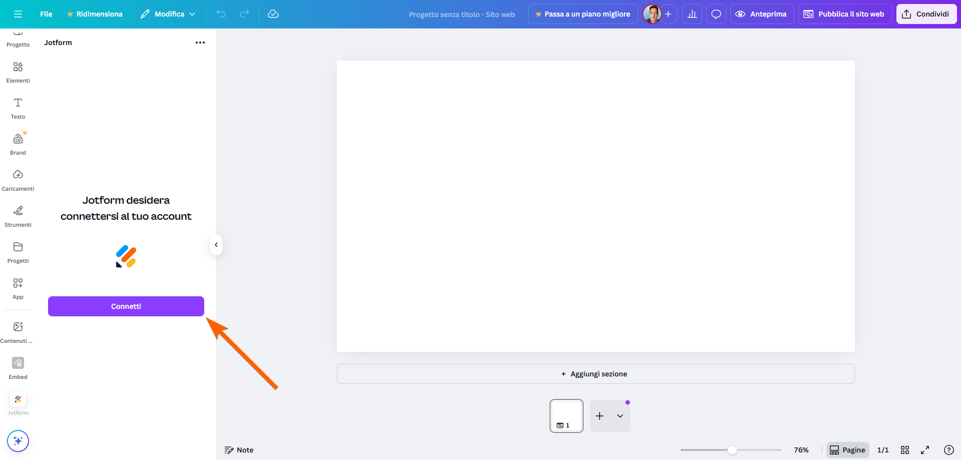 Screenshot di un sito web Canva con l'app Jotform aperta sul lato sinistro, con una freccia che punta al pulsante "Connetti"