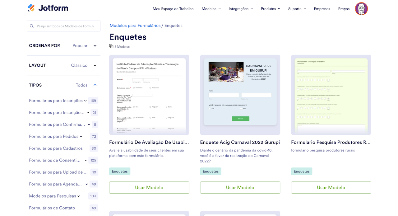 Página da Jotform exibindo vários modelos de enquetes para criar pesquisas e questionários online
