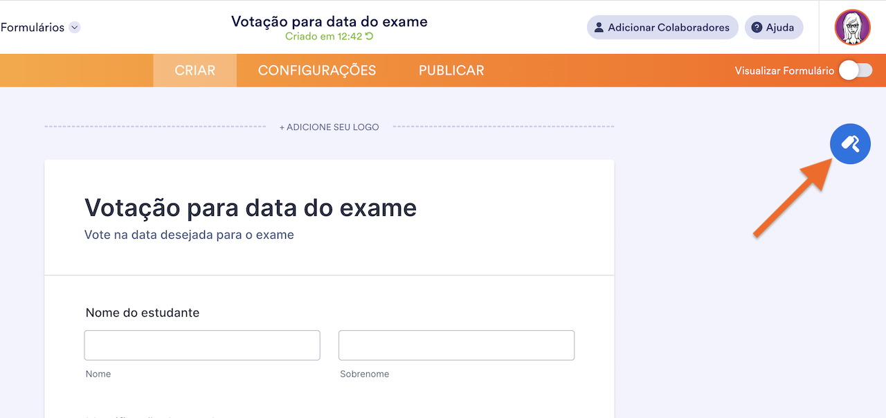 Editor de formulários online com opções para adicionar um logotipo e visualizar o formulário