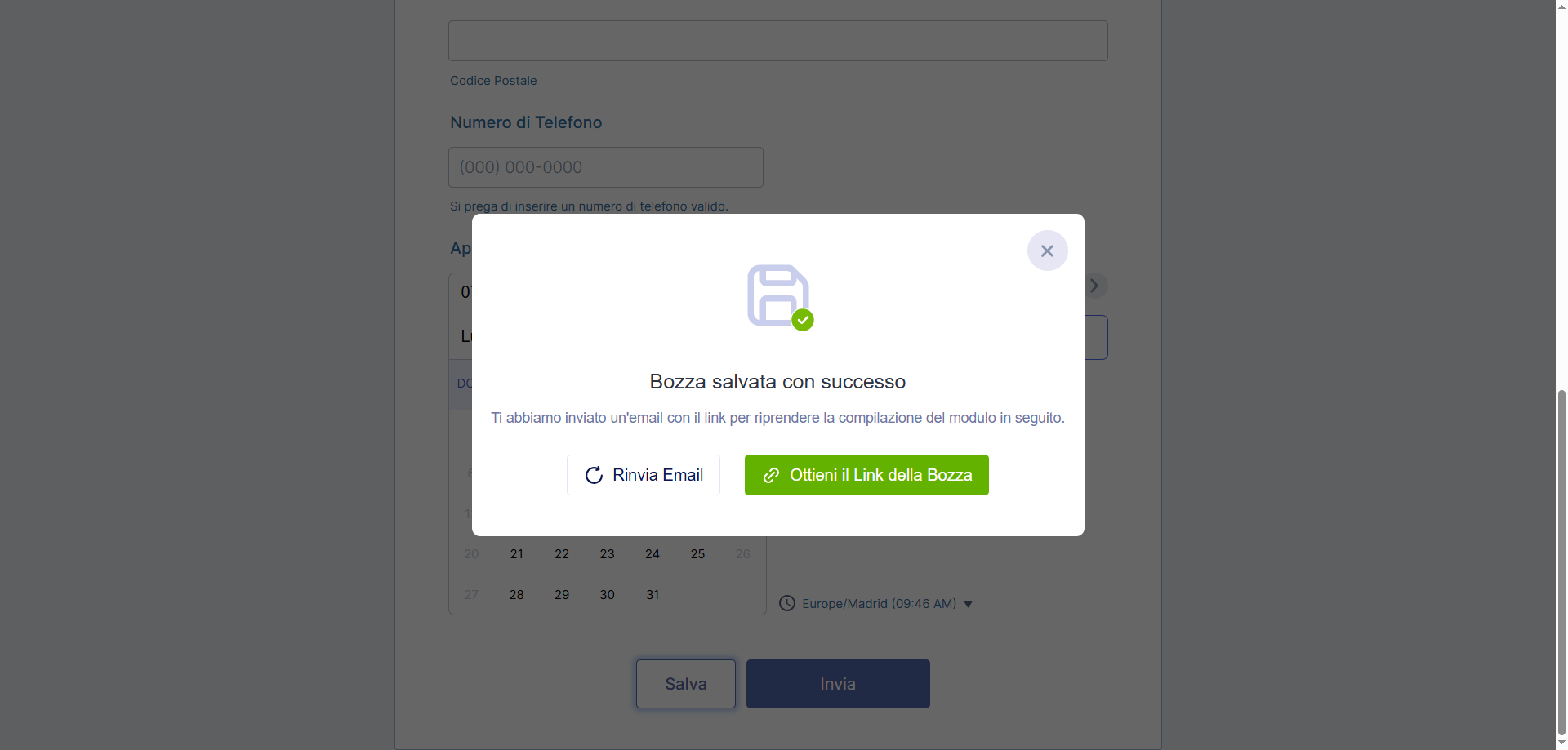 Finestra pop-up che mostra "Bozza salvata con successo" in un modulo Jotform dopo aver fatto clic sul pulsante Salva