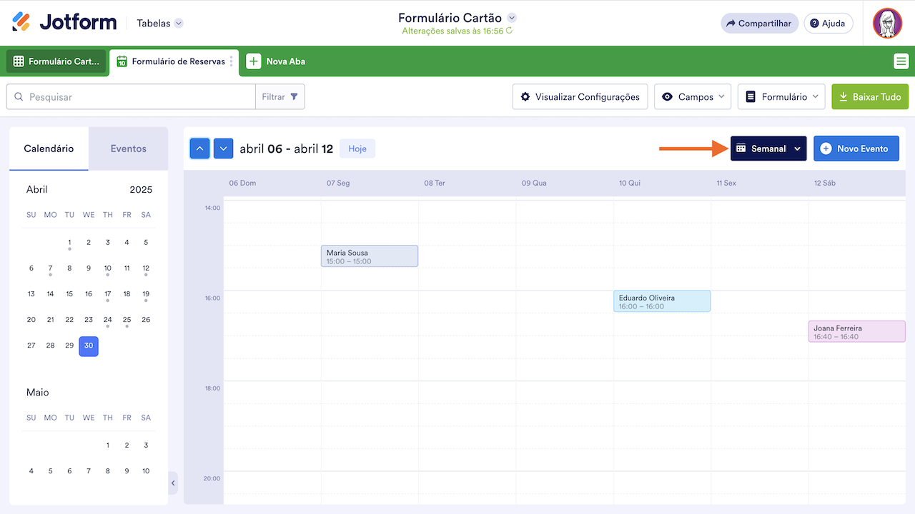 Filtragem do Calendário - Semanal