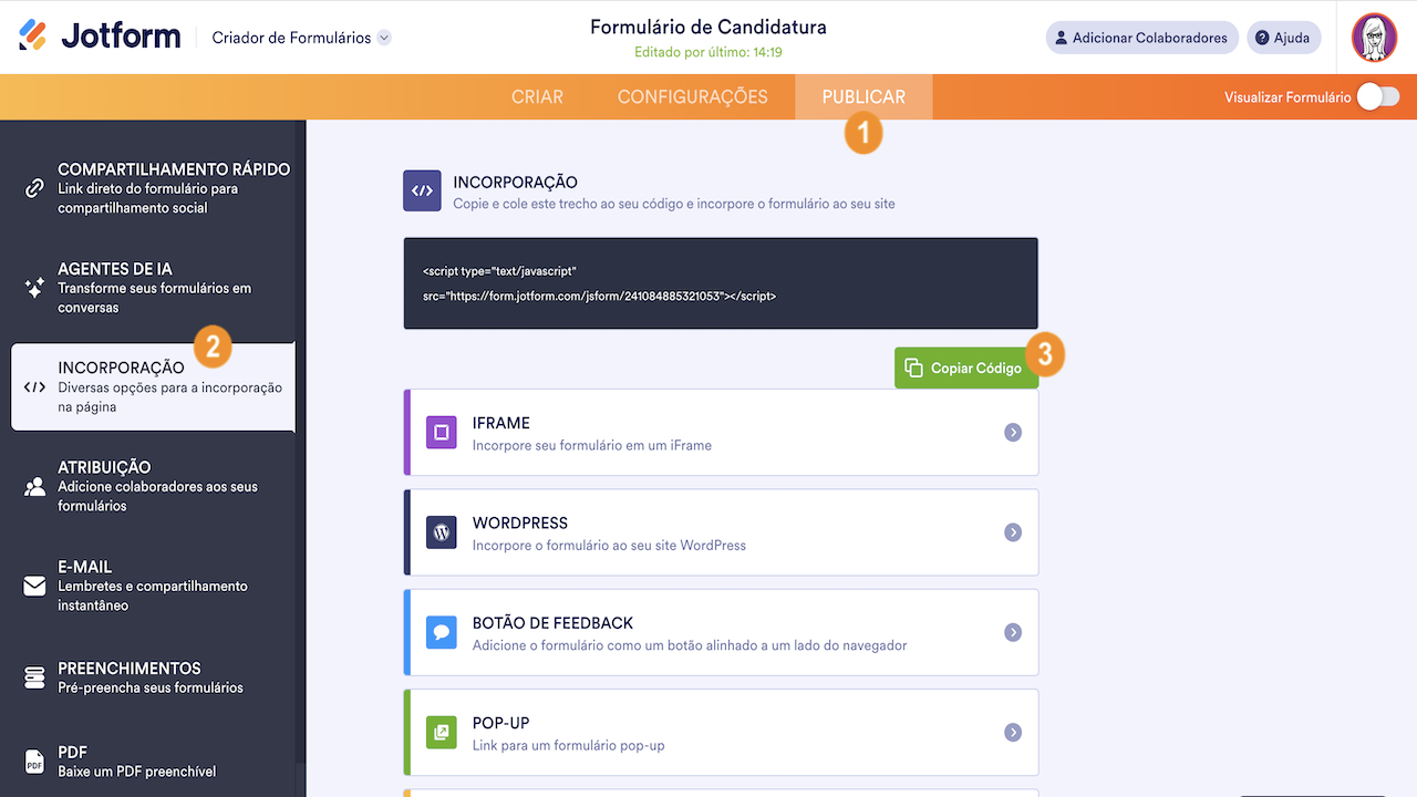 Clicando no botão Copiar Código na aba Publicar do Criador de Formulários Jotform