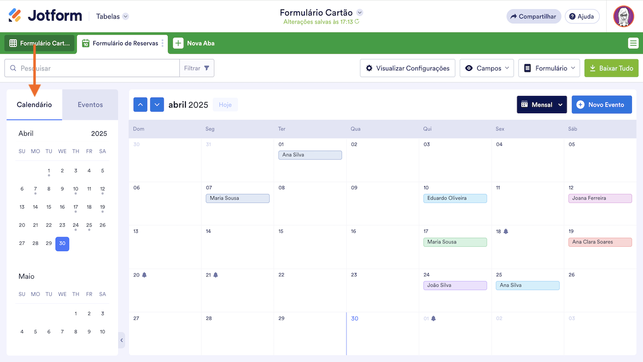 Aba calendário