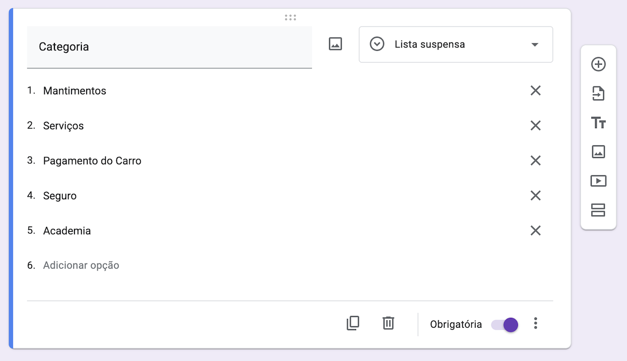 Captura de tela de uma questão de lista suspensa formatada como um menu suspenso com opções de resposta personalizadas