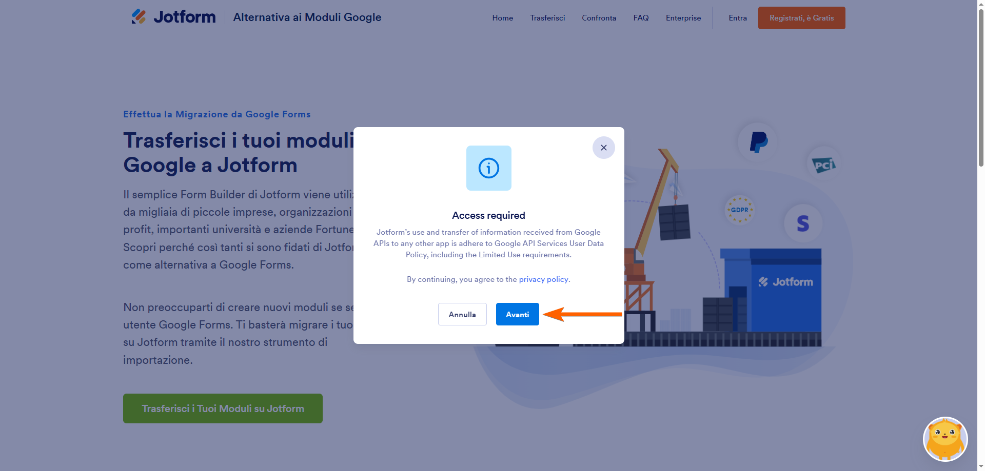 Screenshot della notifica "Accesso richiesto" sullo strumento di importazione di Google Forms su Jotform, con una freccia che punta al pulsante "Avanti"