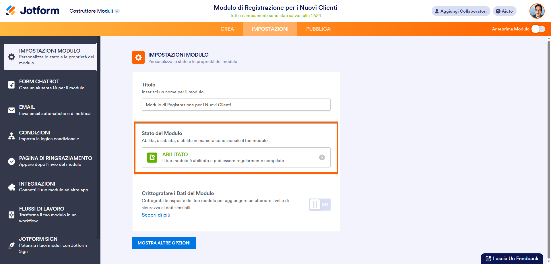Pagina delle impostazioni del modulo Jotform che mostra lo stato del modulo come Abilitato
