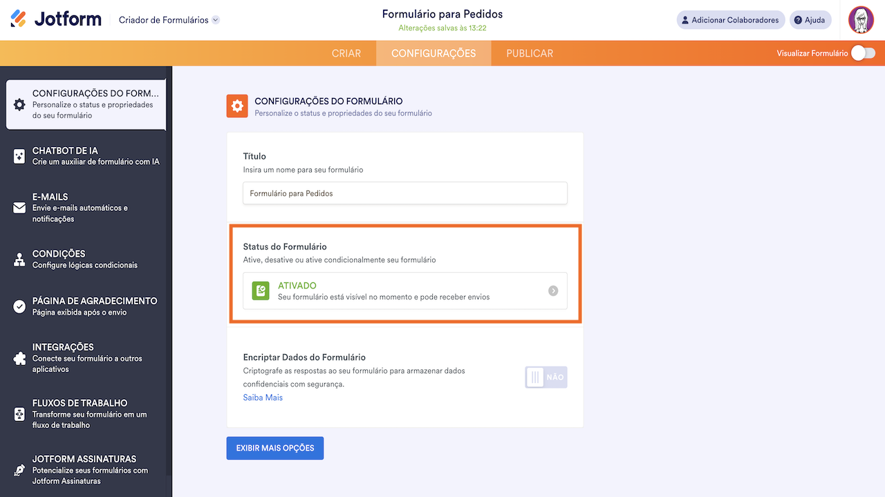 Página de configurações do formulário Jotform mostrando o status do formulário como ativado