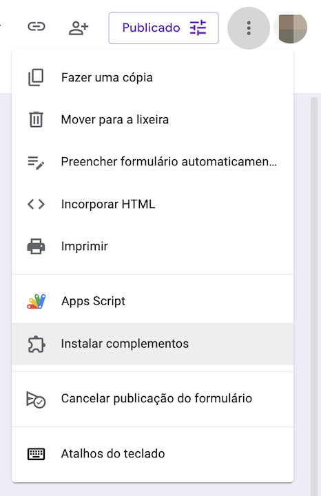 Instalar complementos no Formulários Google