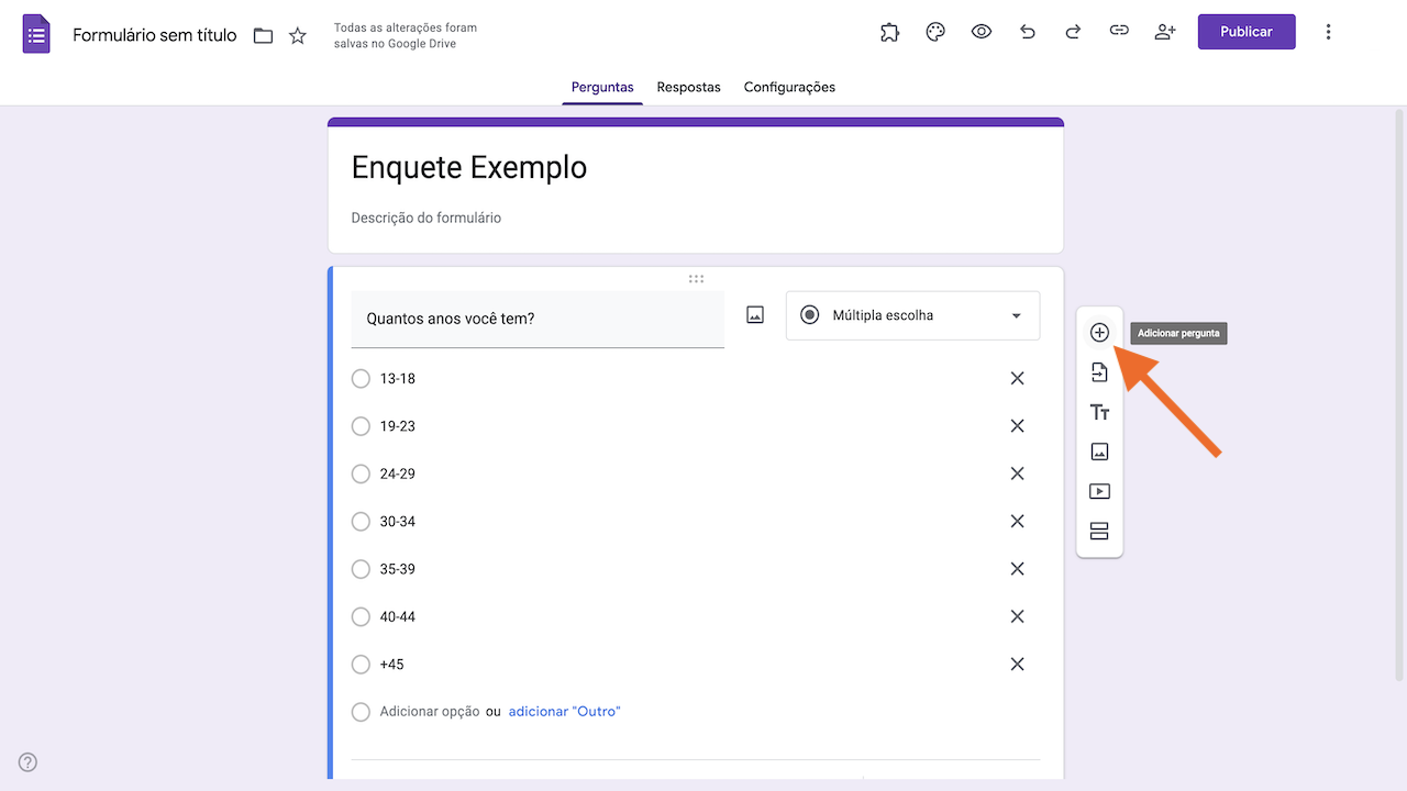 Interface de criação de enquete online com uma pergunta de múltipla escolha sobre faixa etária e opção para adicionar mais perguntas
