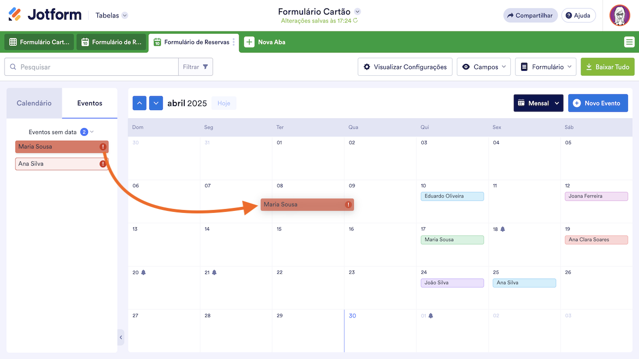 Movendo evento para o calendário