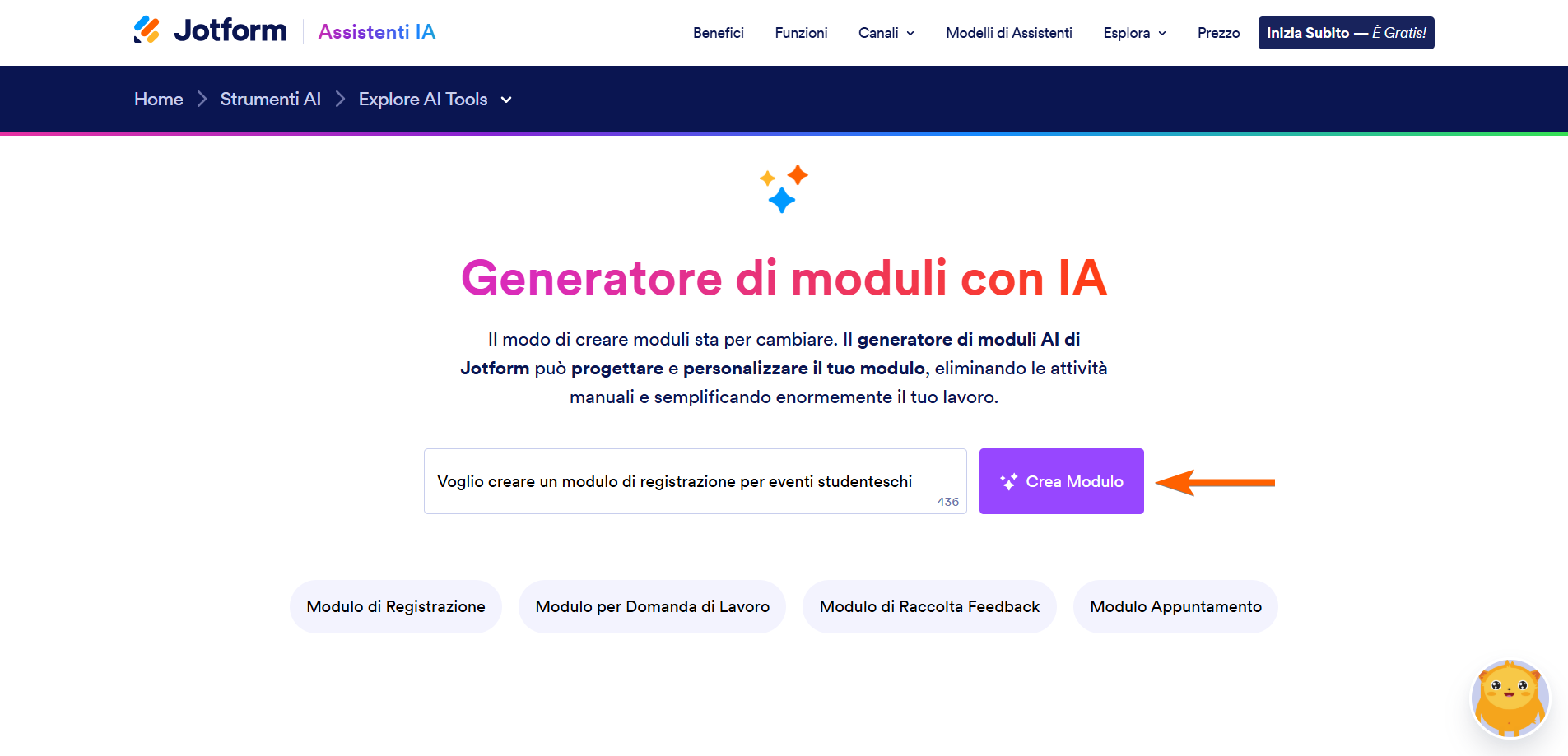 Screenshot del Generatore di Moduli IA di Jotform, con freccia che punta al pulsante Crea Modulo