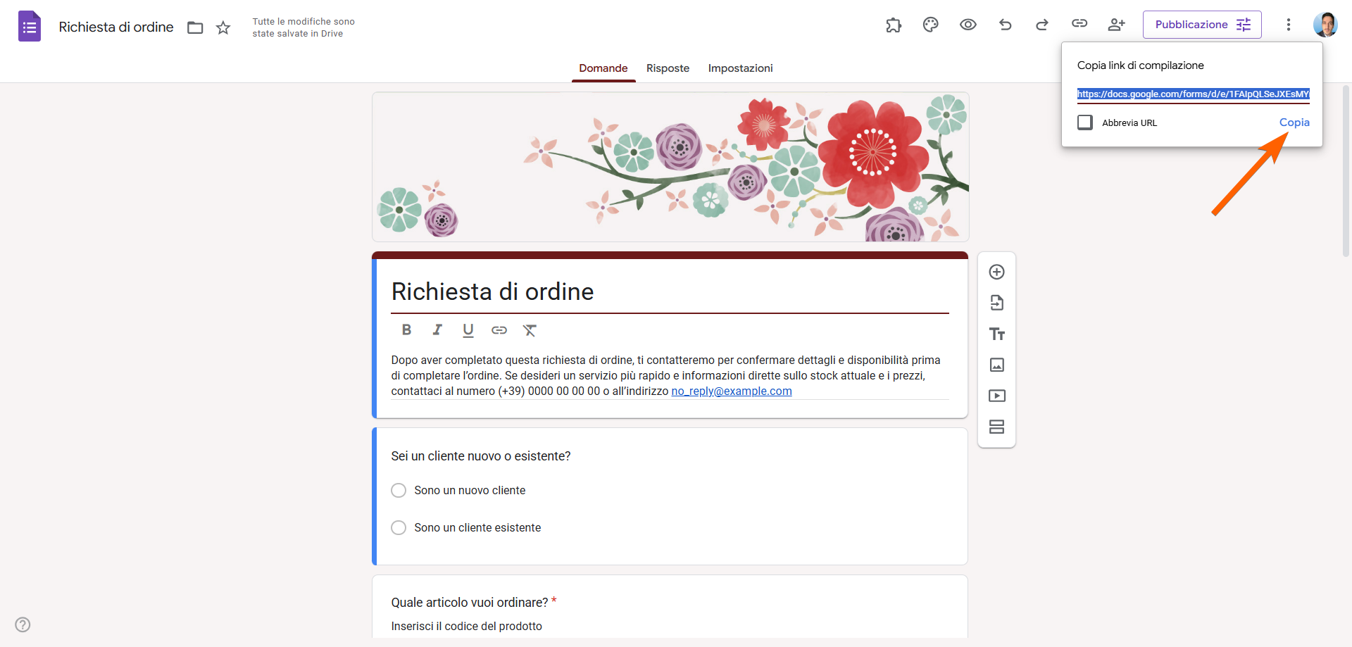 Cliccando sul pulsante Copia nella finestra Copia link di compilazione su Google Forms
