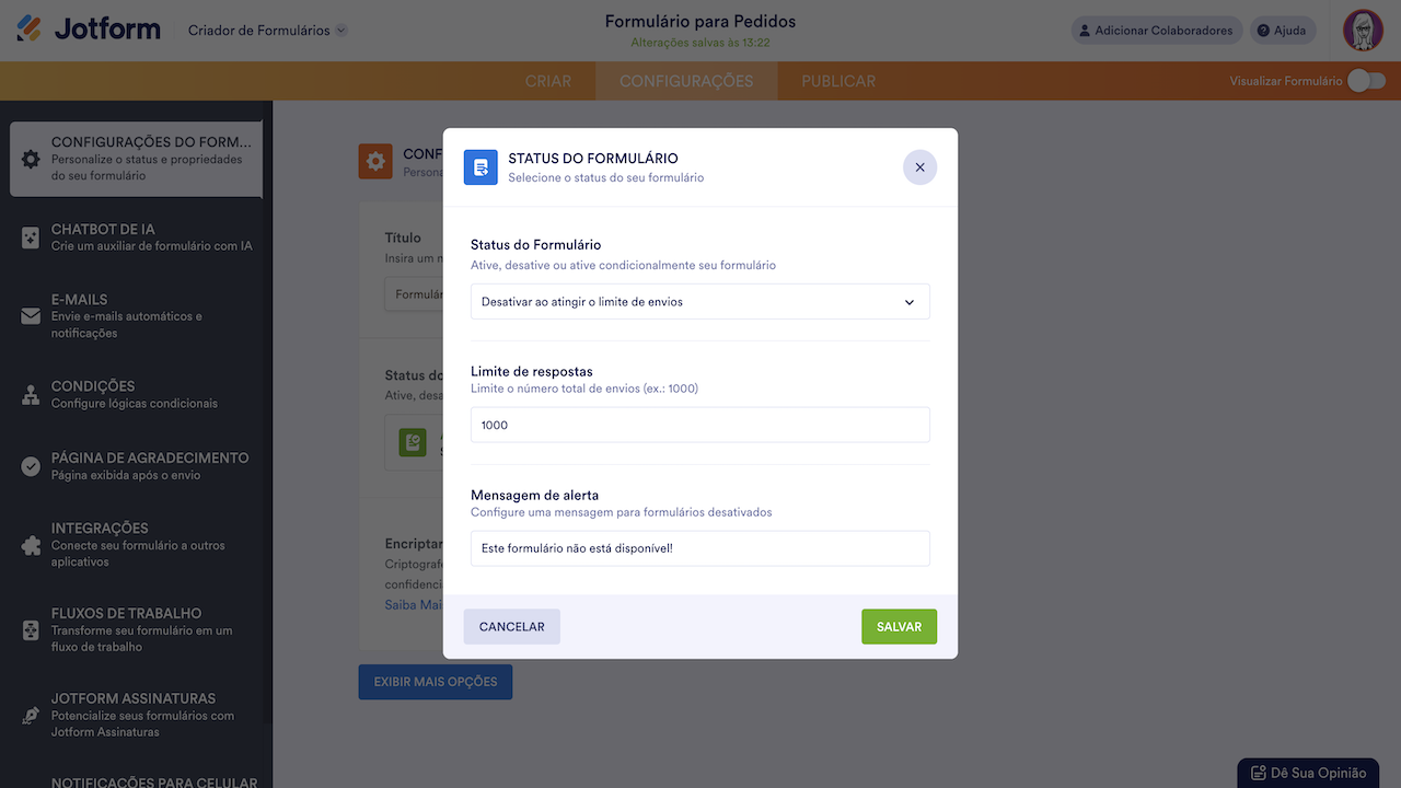 Configurações de status do formulário com limite de envios definido para 1