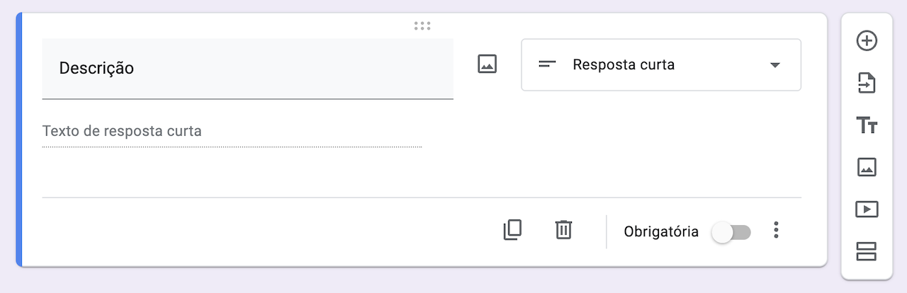 Captura de tela de uma pergunta de resposta curta em branco no formulário do Google
