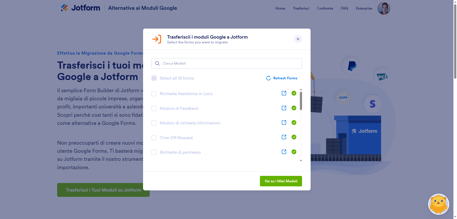 Screenshot dello strumento di importazione dei Google Forms a Jotform, che mostra il trasferimento di moduli avvenuto con successo
