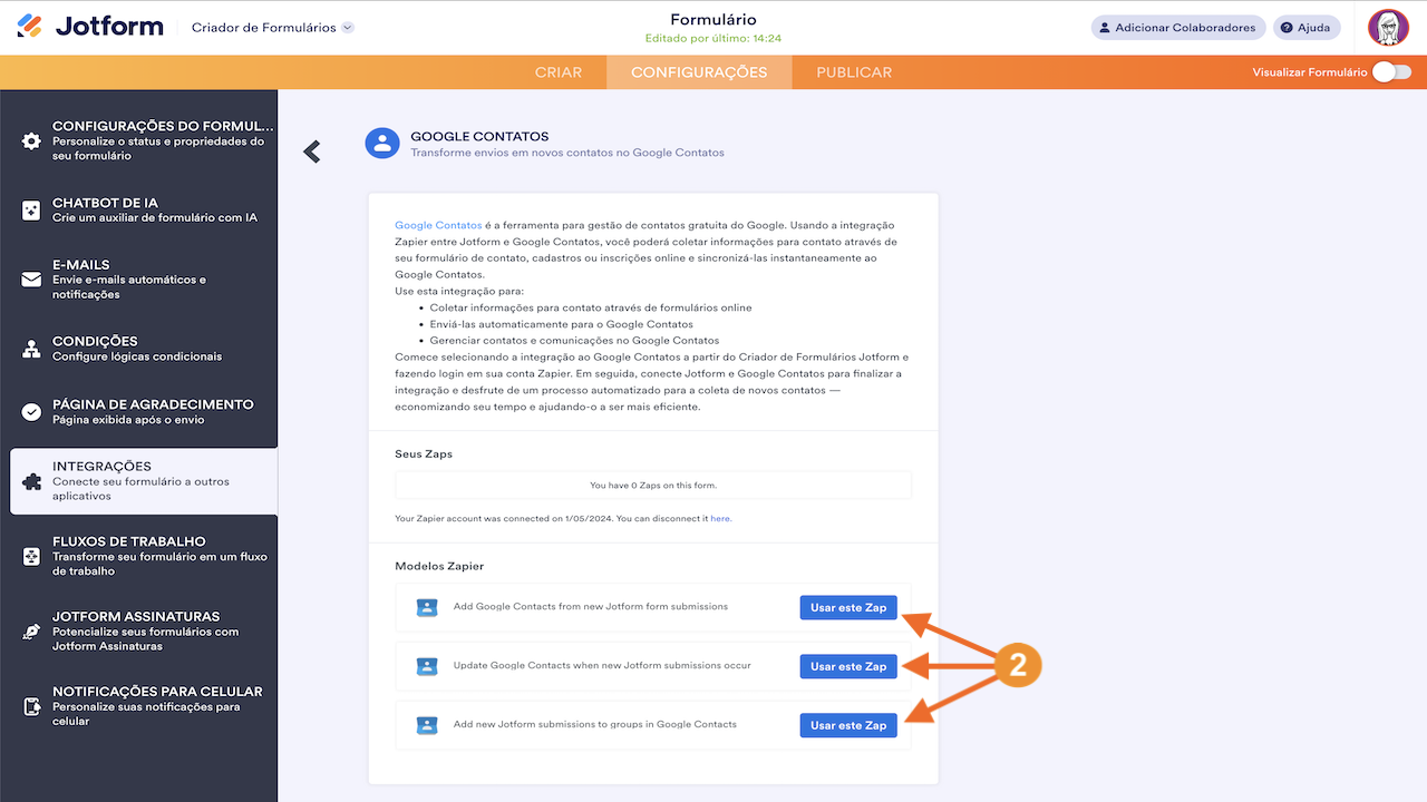 Zaps disponíveis na integração
