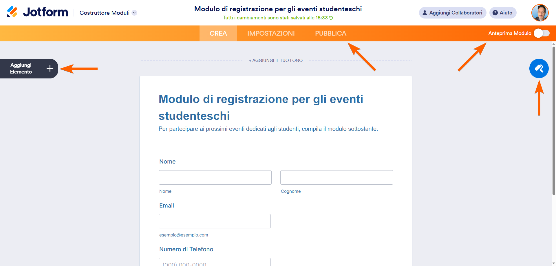 Schermata del Costruttore Moduli di Jotform con frecce che puntano a Aggiungi Elemento, all'icona del Designer Moduli, all'interruttore Anteprima Modulo, e alla scheda Pubblica