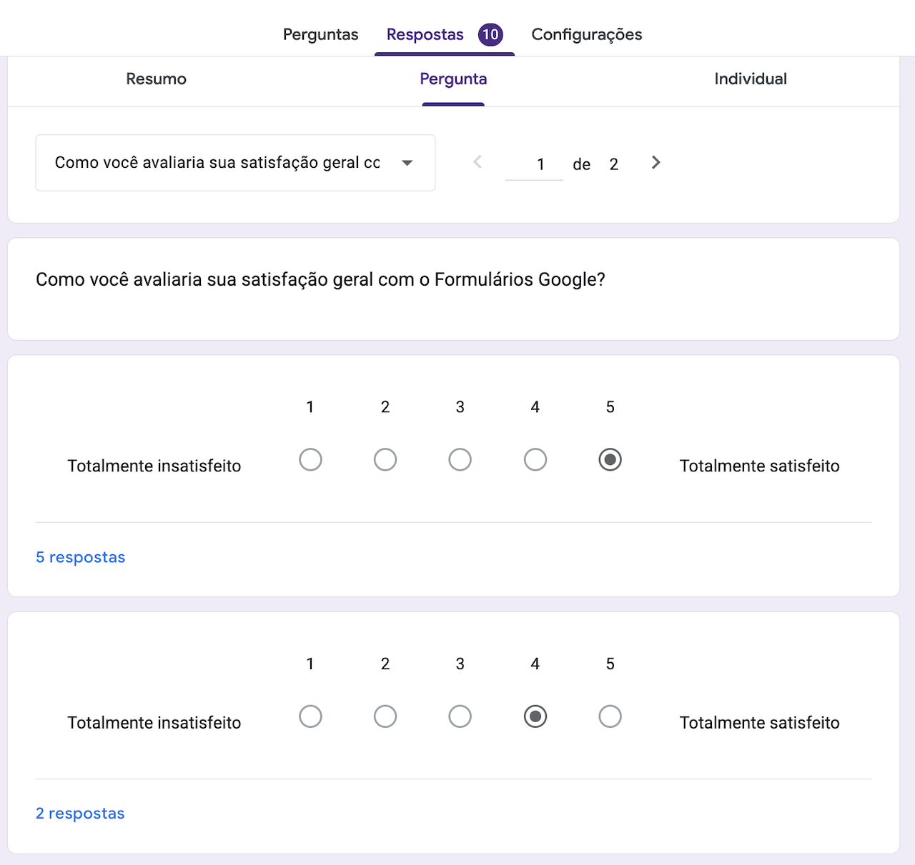 Visualizando dados analíticos do Formulário Google no painel de dados "Pergunta"