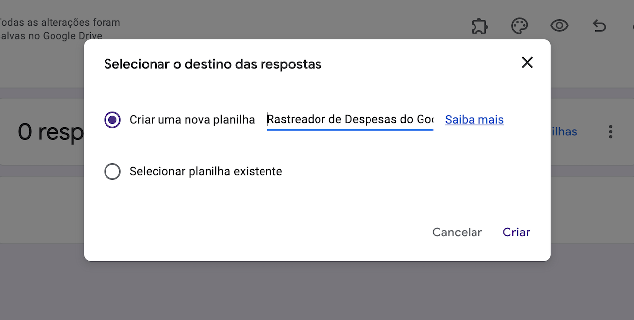 Captura de tela do pop-up "Selecionar o destino das respostas" onde os usuários podem criar e nomear uma nova planilha na qual as respostas do formulário serão preenchidas