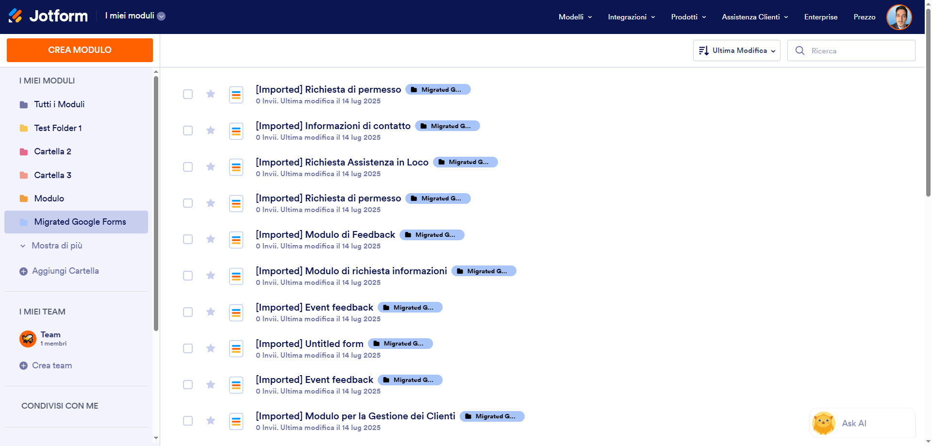 Screenshot della pagina I Miei Moduli di Jotform che mostra i moduli importati da Google Forms