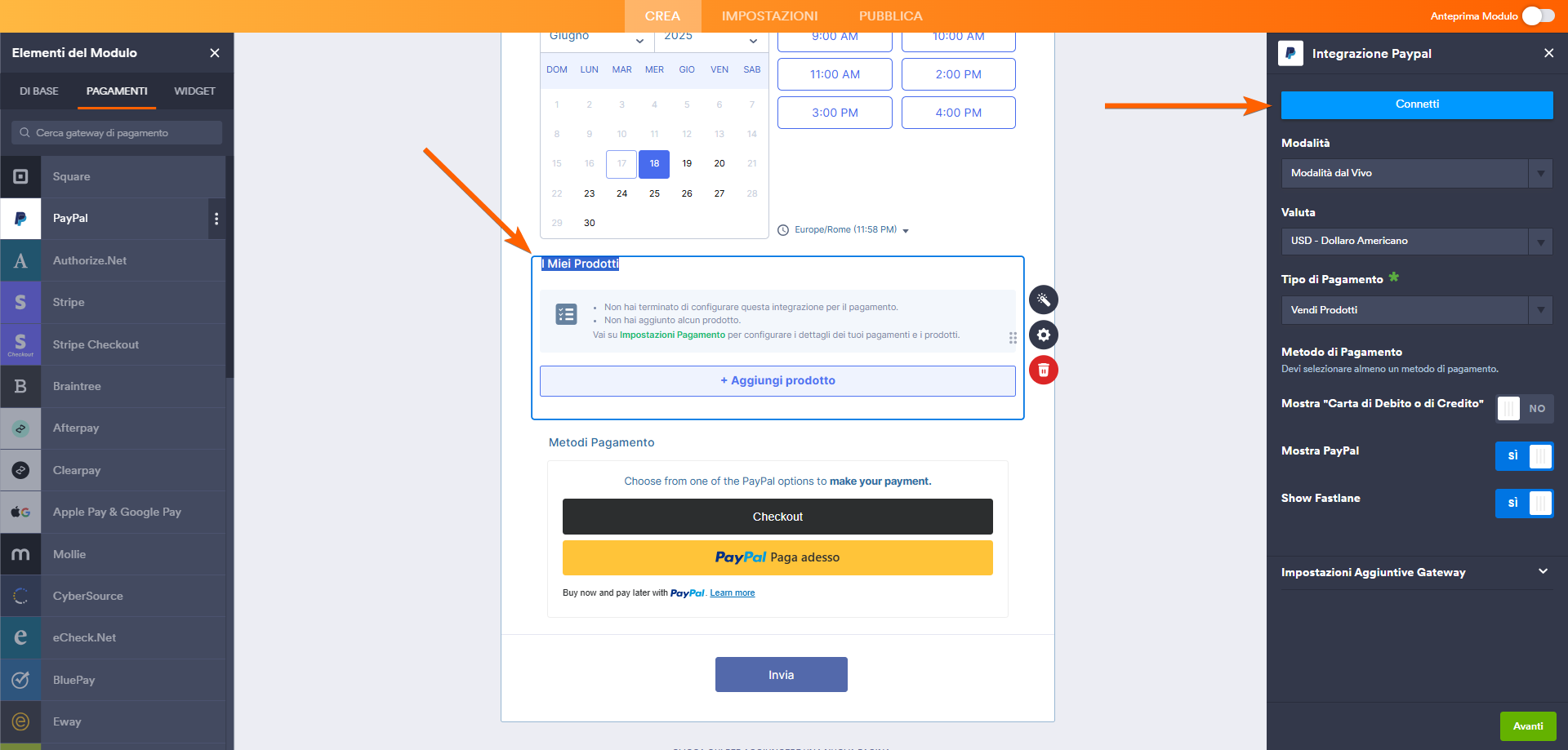 Screenshot che mette in evidenza il pulsante Connetti dalla Finestra di Integrazione PayPal nel costruttore di moduli di Jotform