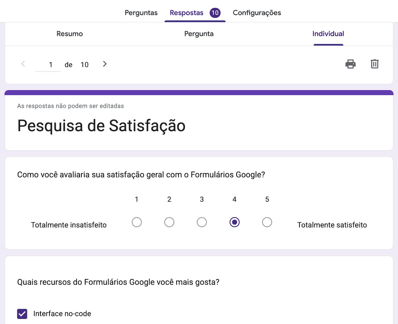 Visualizando dados analíticos do Formulário Google no painel de dados "Individual"