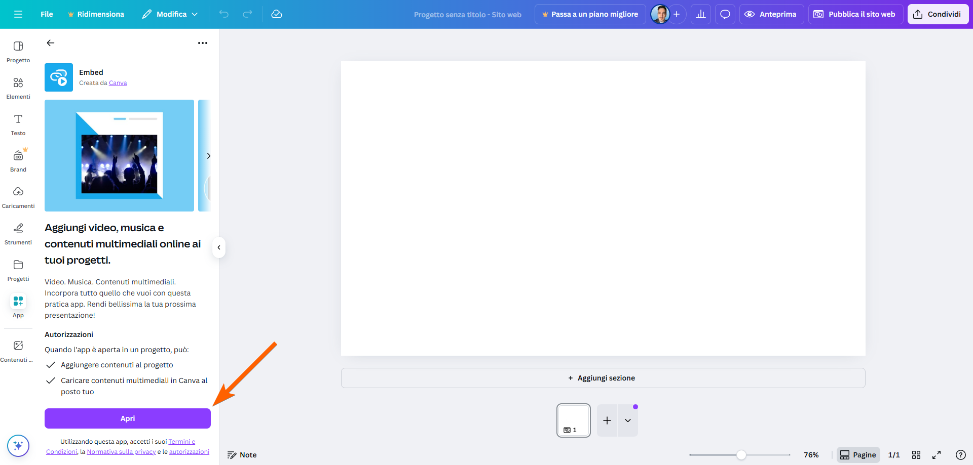 Screenshot di un progetto Canva vuoto, con una freccia che punta al pulsante "Apri" nell'applicazione "Embed"