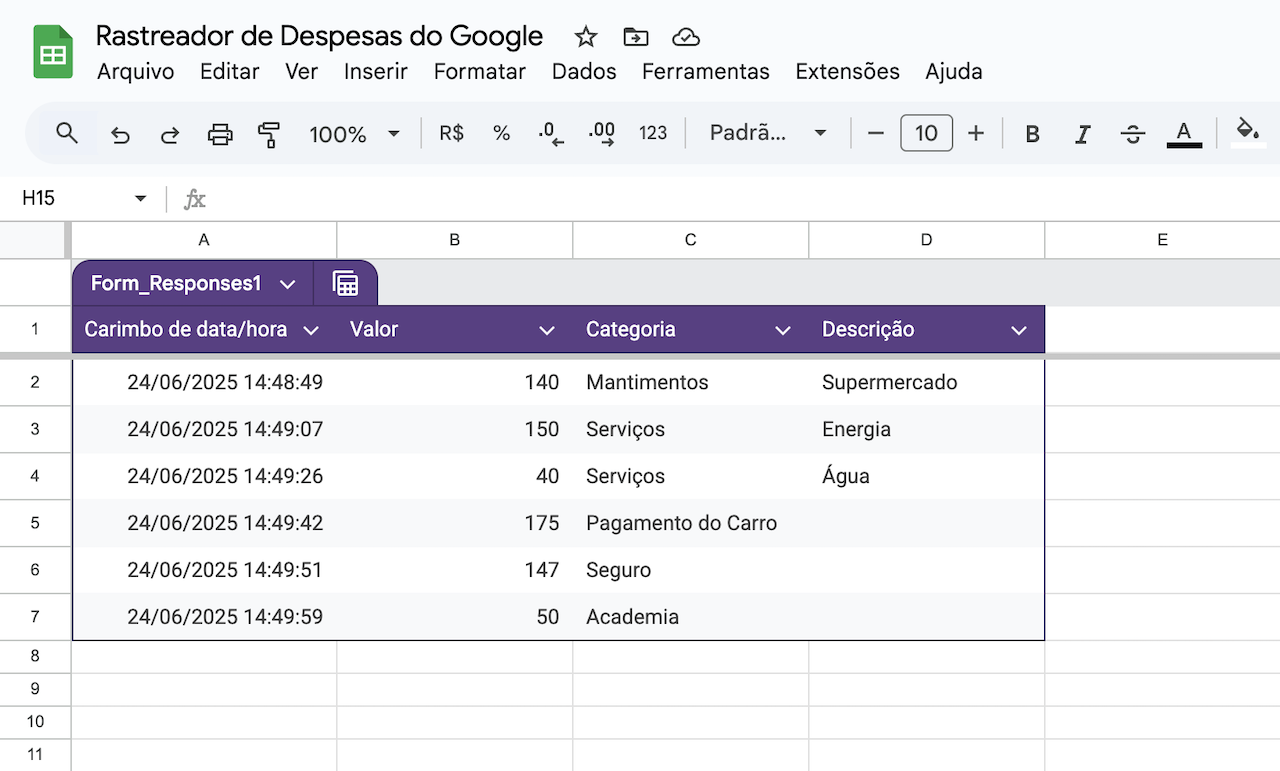 Captura de tela das respostas do formulário preenchendo automaticamente a planilha do Google vinculada
