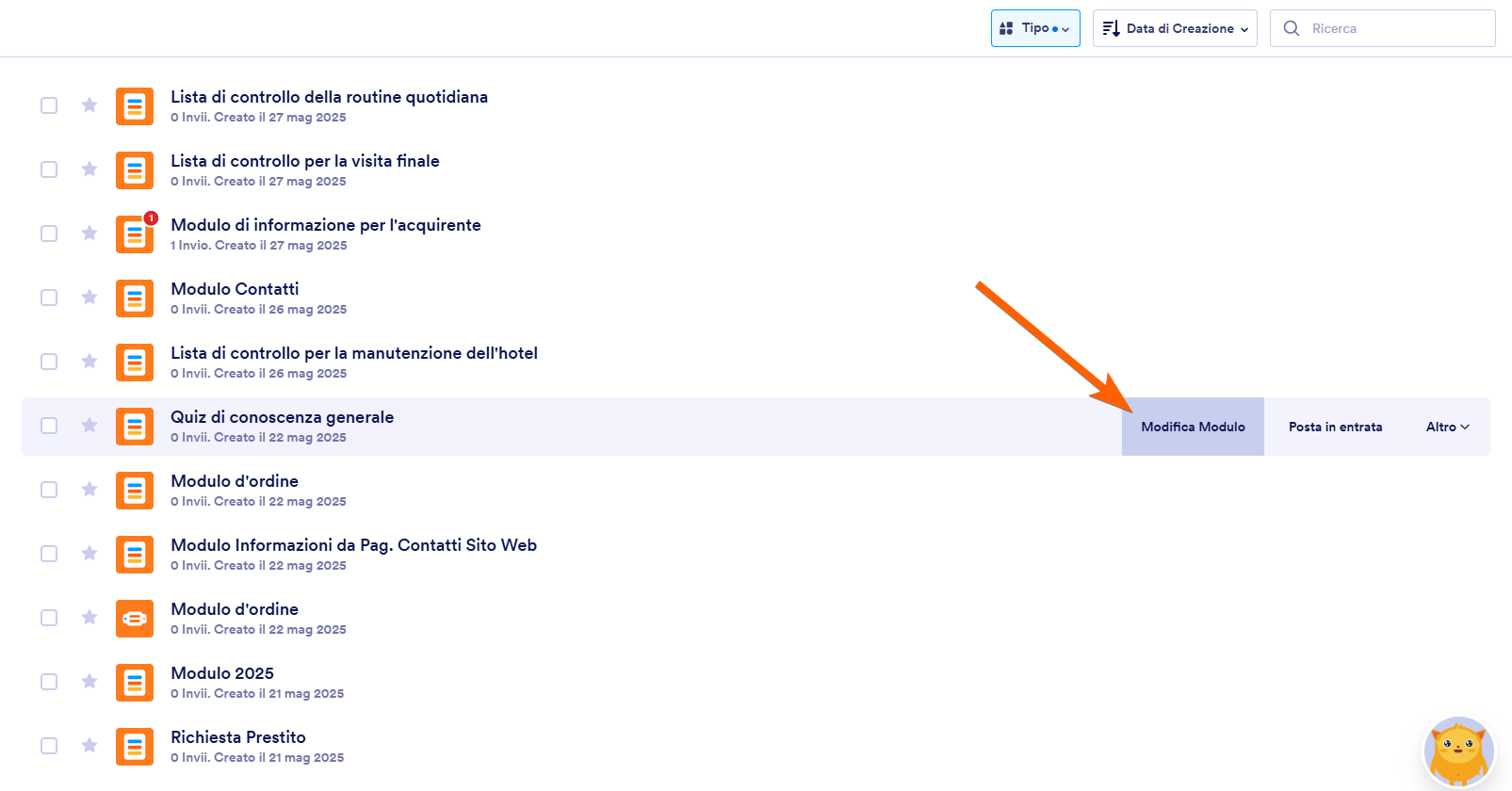 Screenshot di Il Mio Workspace che mostra il pulsante Modifica Modulo evidenziato