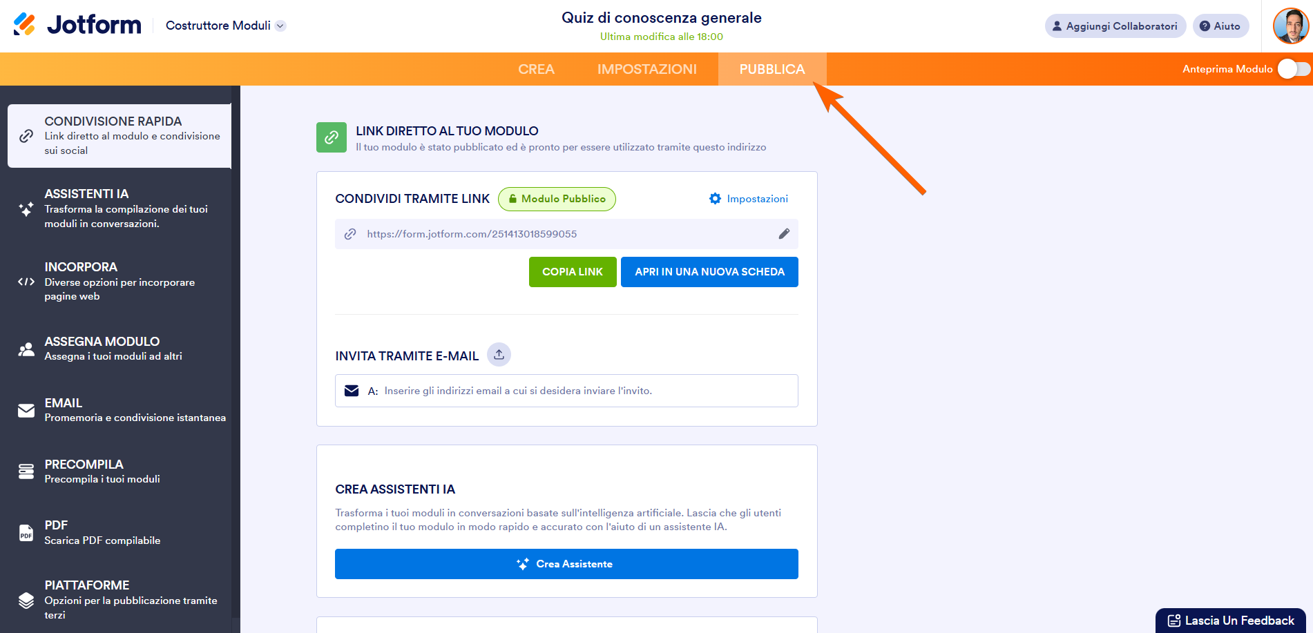 Screenshot del Costruttore Moduli Jotform con la scheda "pubblica" evidenziata
