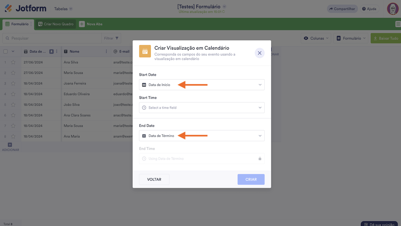 Configurações dos campos da visualização - Data Simples