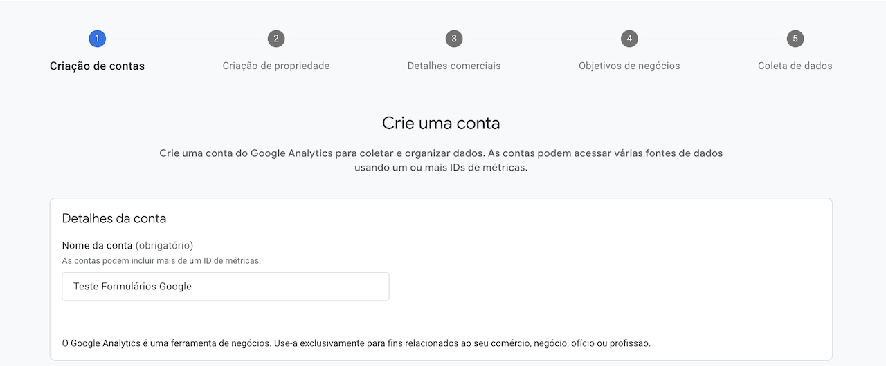Captura de tela do menu de Crie uma conta na página de configuração do Google Analytics