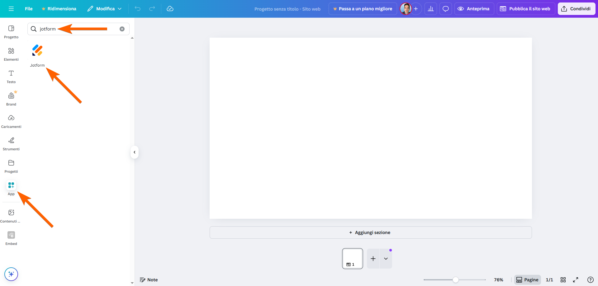 Screenshot di un progetto Canva vuoto, con frecce che puntano alla scheda delle app, alla barra di ricerca con "Jotform" digitato e all'icona dell'app Jotform
