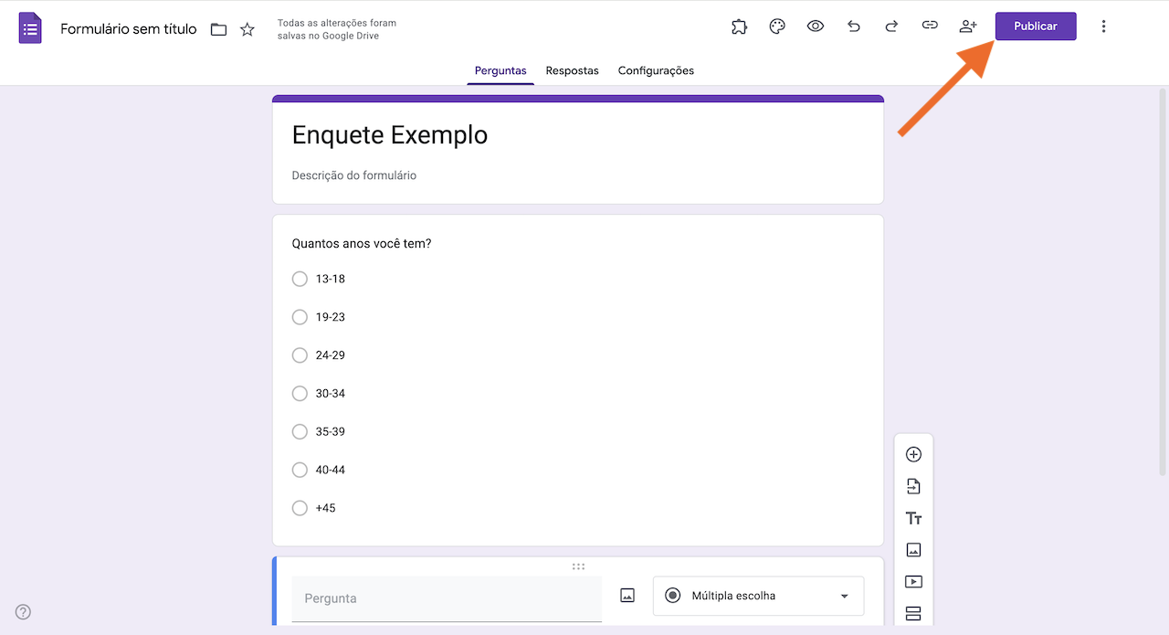 Clicando no botão Publicar no Formulários Google