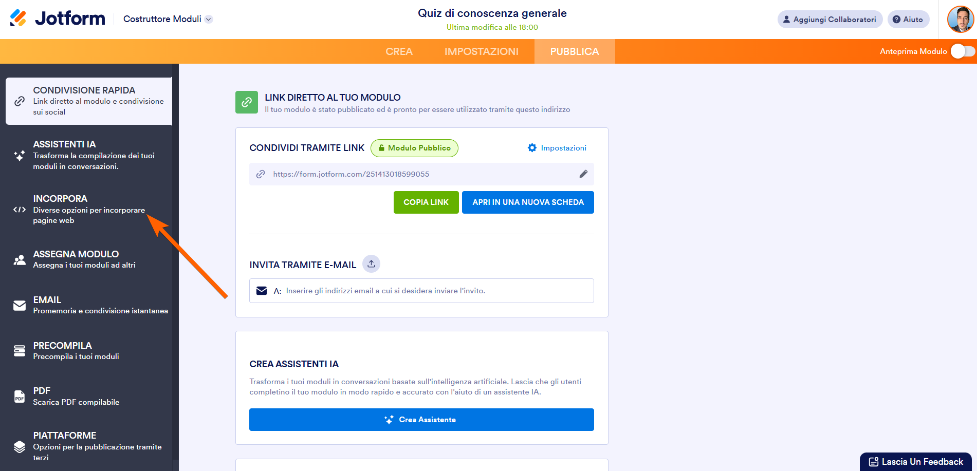Screenshot che mostra la scheda Incorpora nel Costruttore Moduli di Jotform