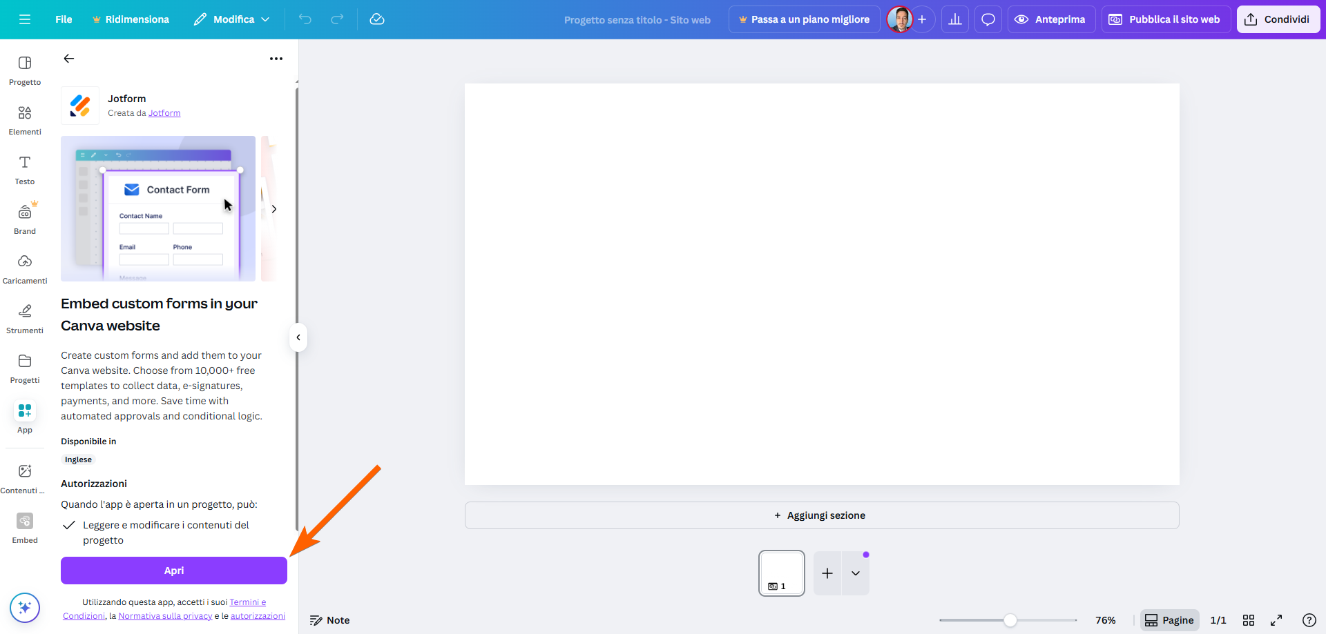 Screenshot di Canva con l'app Jotform aperta sul lato sinistro, con una freccia che punta al pulsante "Apri"
