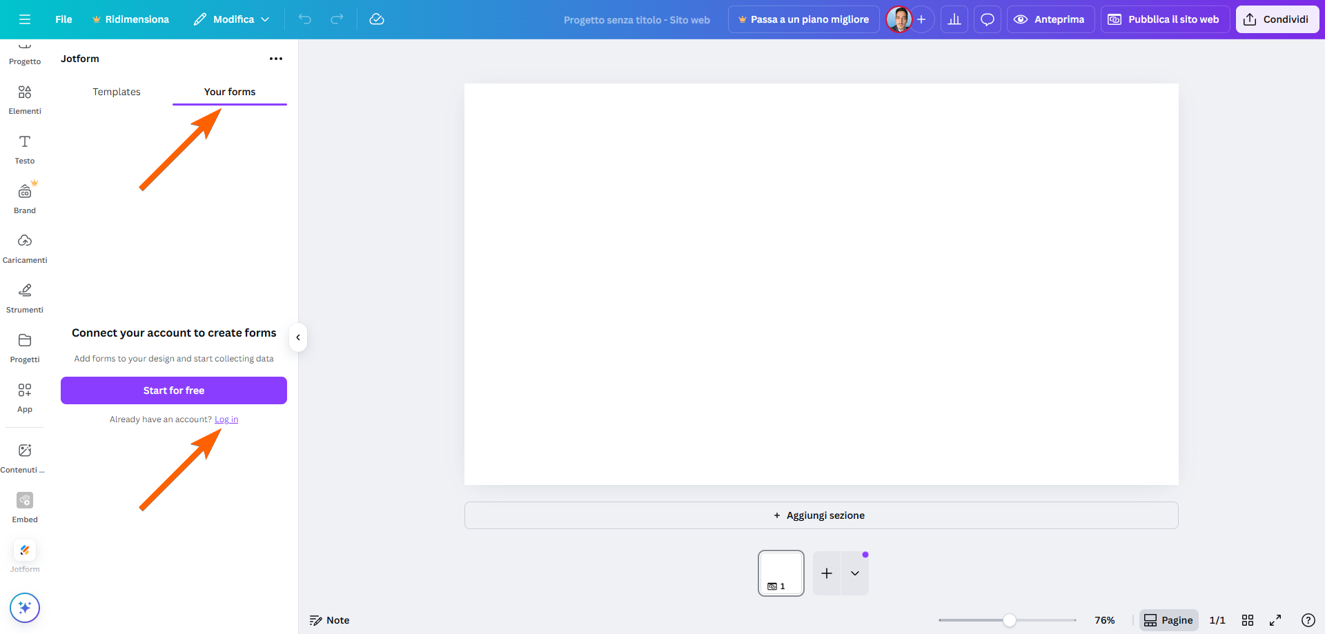 Screenshot di un sito web Canva con l'app Jotform aperta sul lato sinistro, con frecce che puntano alla scheda "Your Forms" e al pulsante "Log In"