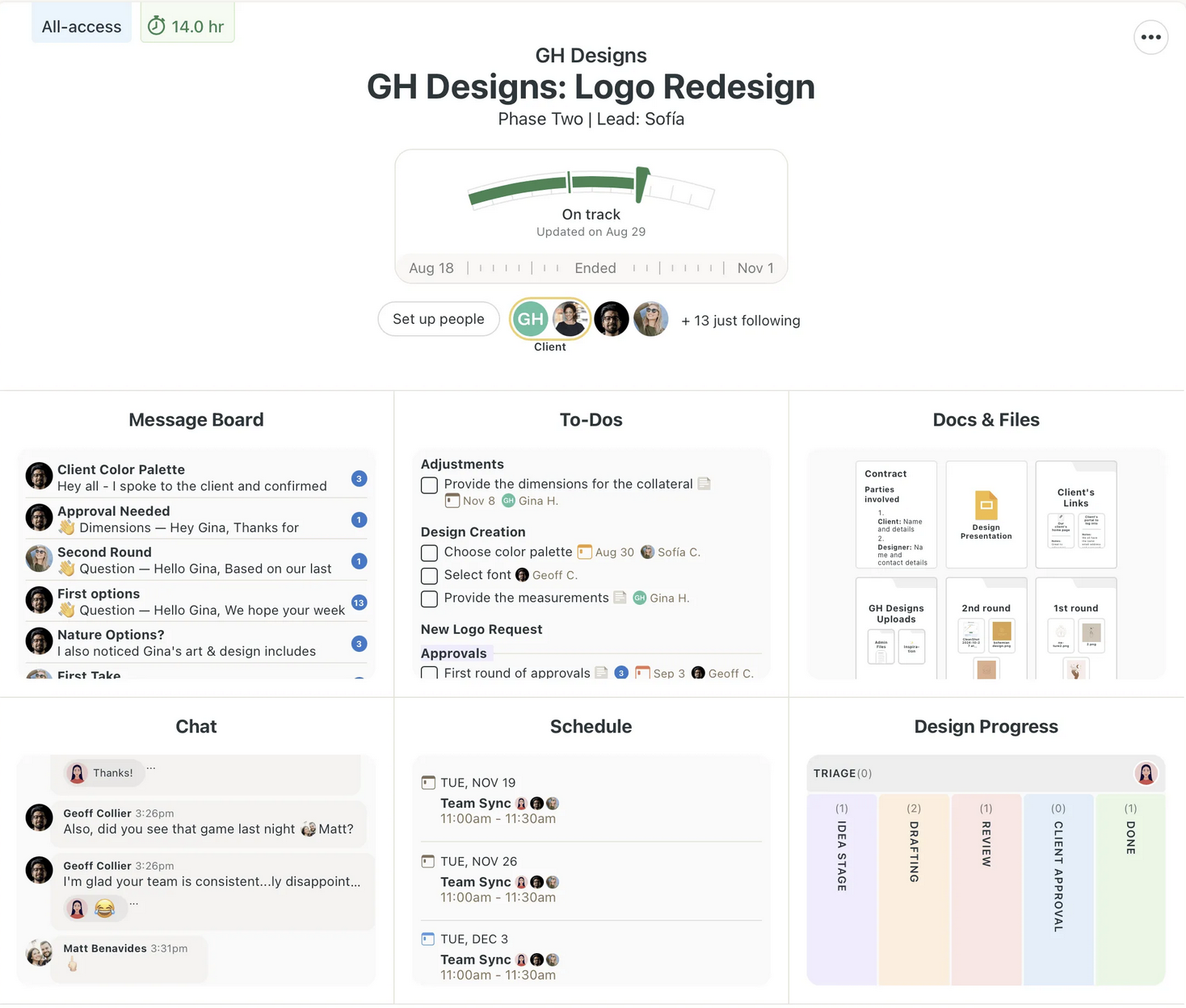 basecamp user interface showing boards and to do lists and processes 