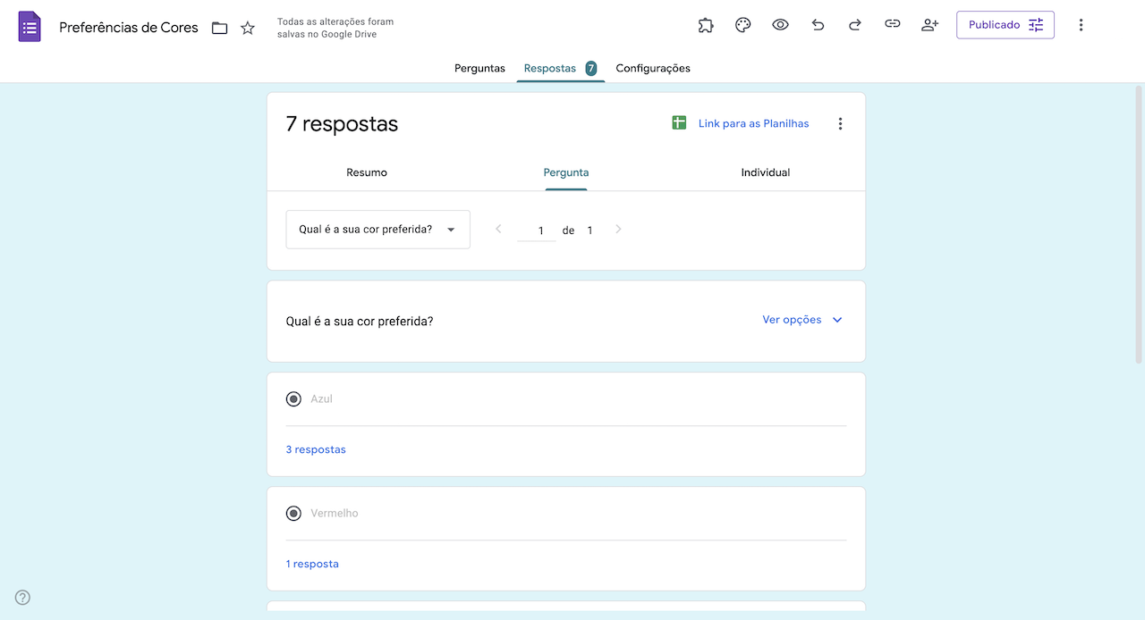Captura de tela do Formulários Google clicando em Respostas e visualizando a aba Pergunta