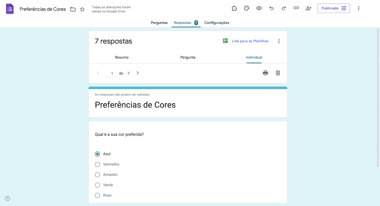Captura de tela do Formulários Google clicando em Respostas e visualizando a aba Individual