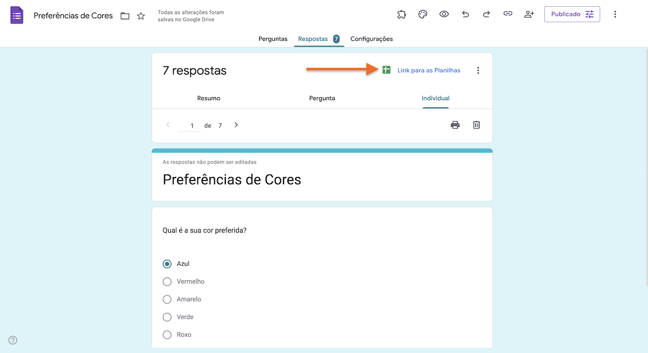 Captura de tela da aba Respostas no Formulários Google clicando em ink para as Planilhas