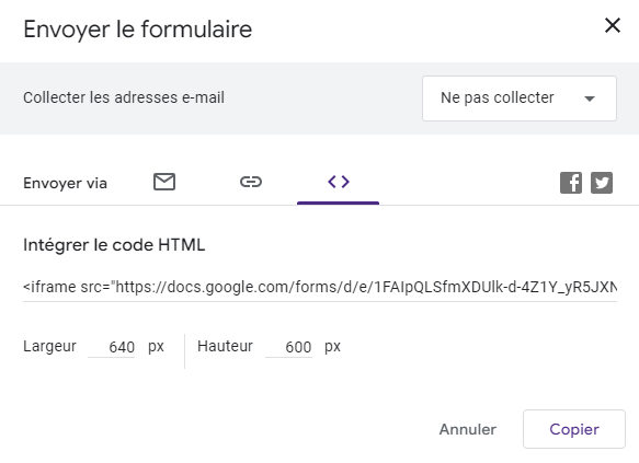 Capture d'écran du menu Envoyer via d'un formulaire Google Forms, avec l'option « Intégrer » ouverte