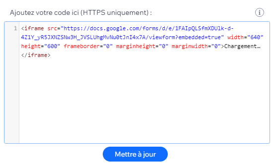 Capture d'écran d'un code d'intégration dans un bloc Code d'intégration sur un site Wix