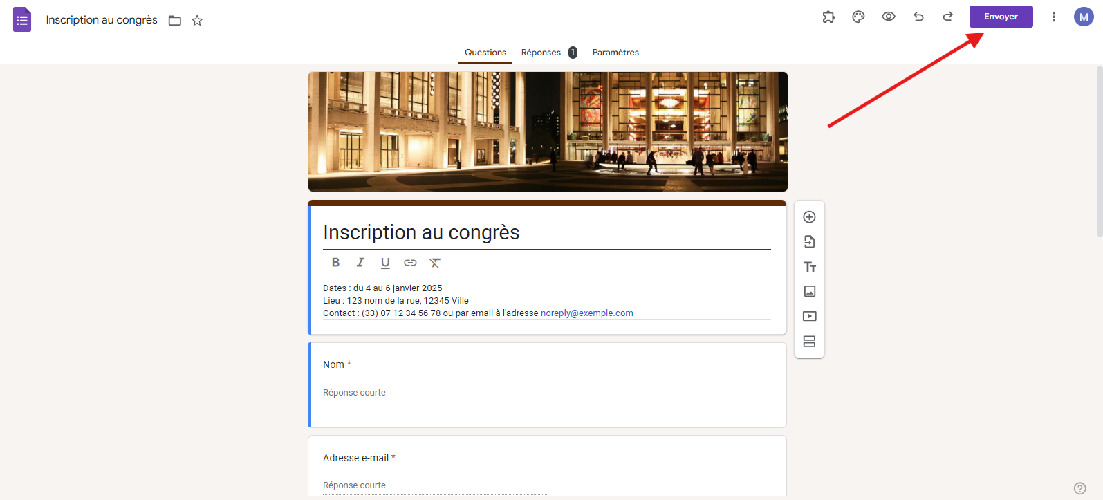 Capture d’écran de l’interface d’un formulaire Google Forms avec une flèche pointant vers le bouton « Envoyer »