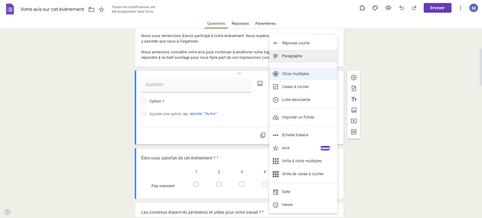 Capture d’écran d’un formulaire Google Forms en cours de modification