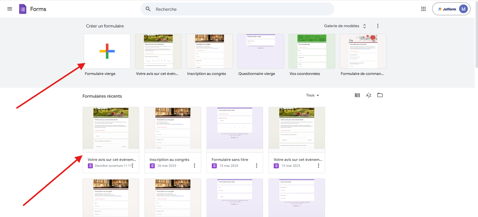 Cliquez sur le bouton Formulaire vierge dans Google Forms