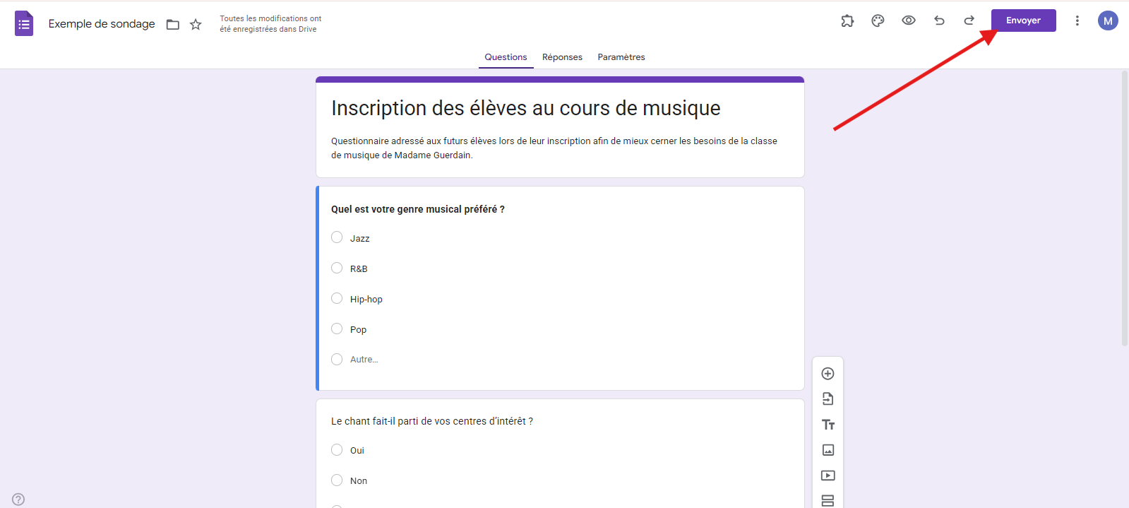 Cliquez sur le bouton Envoyer de Google Forms