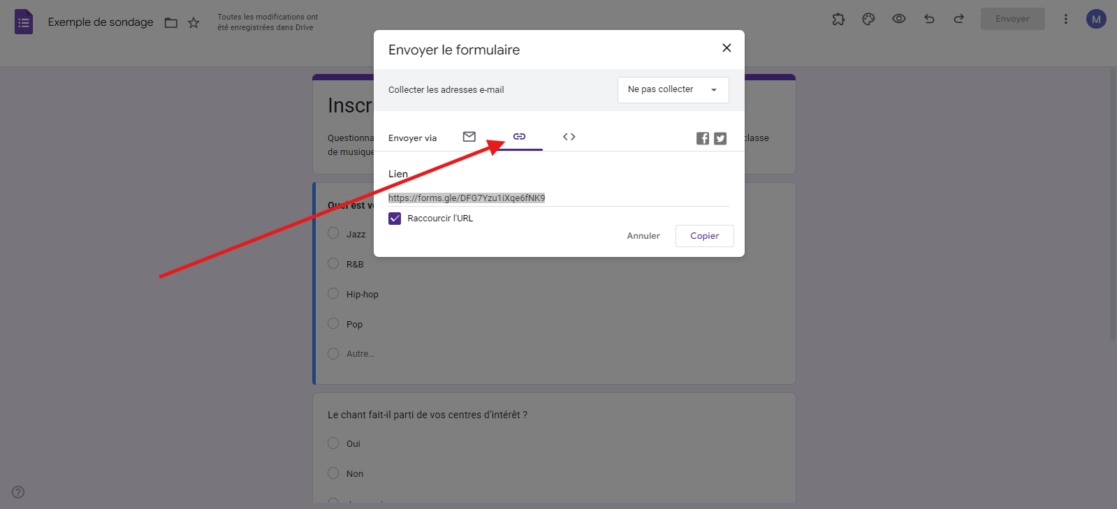 Cliquez sur le bouton Copier dans l’onglet de Lien de réponse dans la fenêtre Envoyer le formulaire sur Google Forms