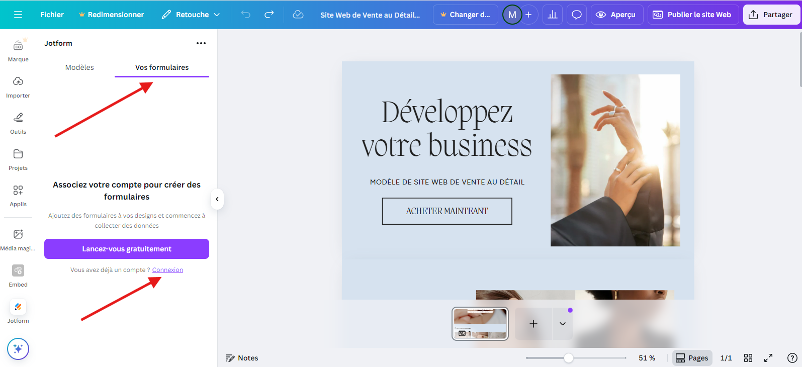 Capture d’écran d’un site Canva avec l’application Jotform ouverte sur le côté gauche et des flèches pointant vers l’onglet « Vos formulaires » ainsi que le bouton « Connexion »