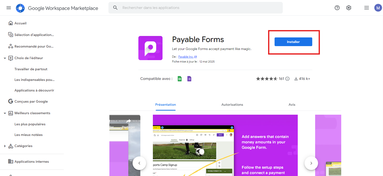 Page Google Workspace Marketplace de Payable Forms : cliquer sur Installer